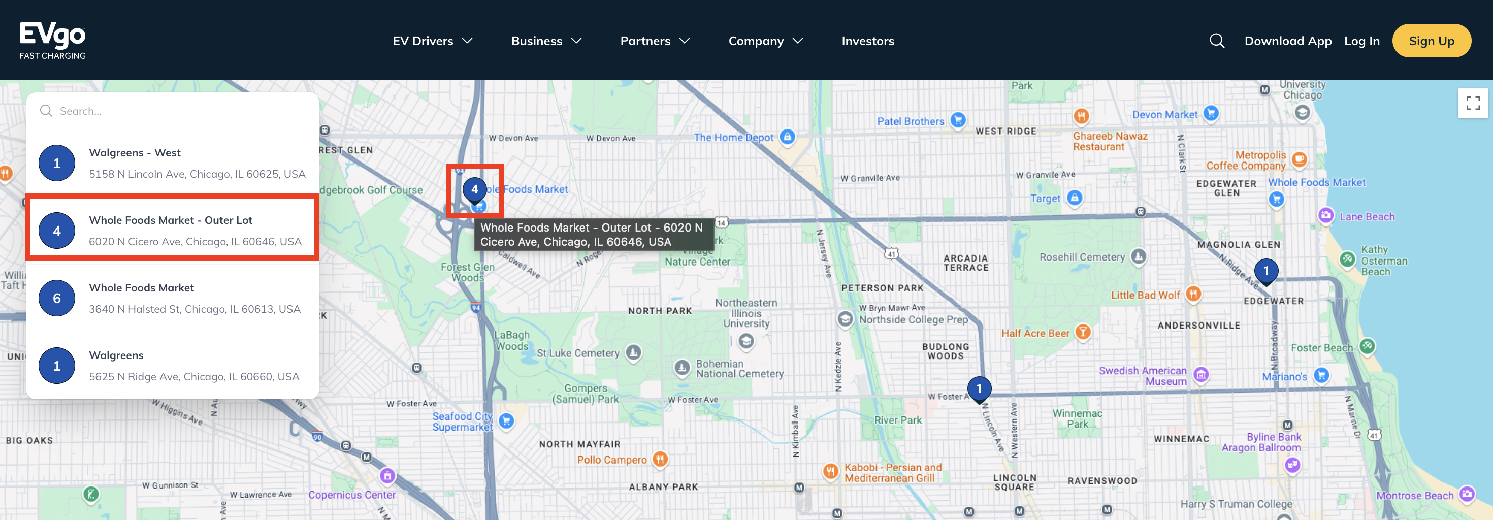 EVgo web station map - sample map pin and results list.png